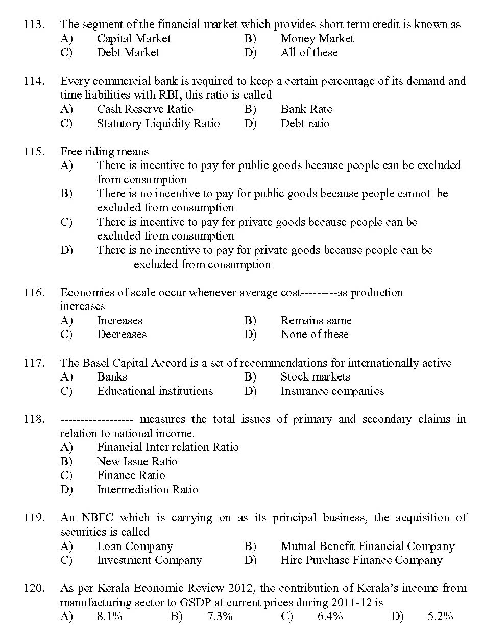 Kerala SET Economics Exam 2013 Question Code 13606 14