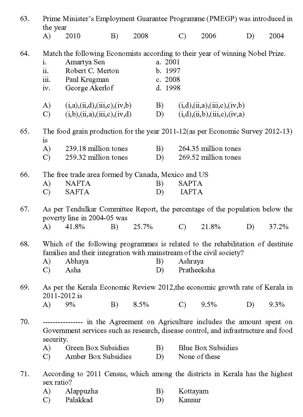 Kerala SET Economics Exam 2013 Question Code 13606 8