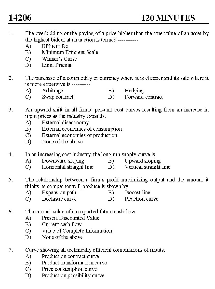 Kerala SET Economics Exam 2014 Question Code 14206 1
