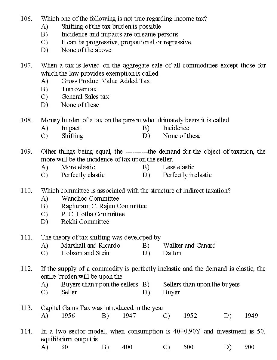 Kerala SET Economics Exam 2014 Question Code 14206 13