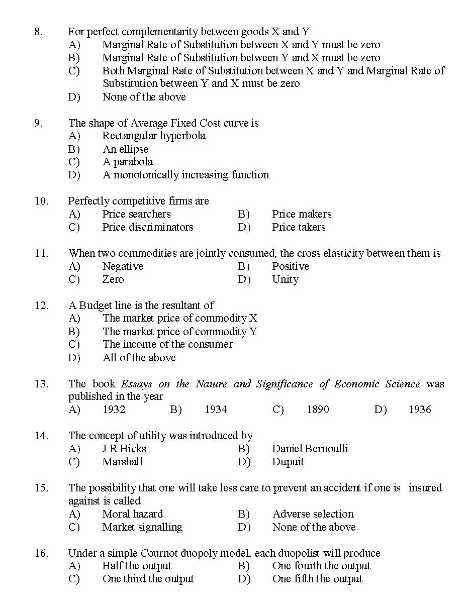 Kerala SET Economics Exam 2014 Question Code 14206 2