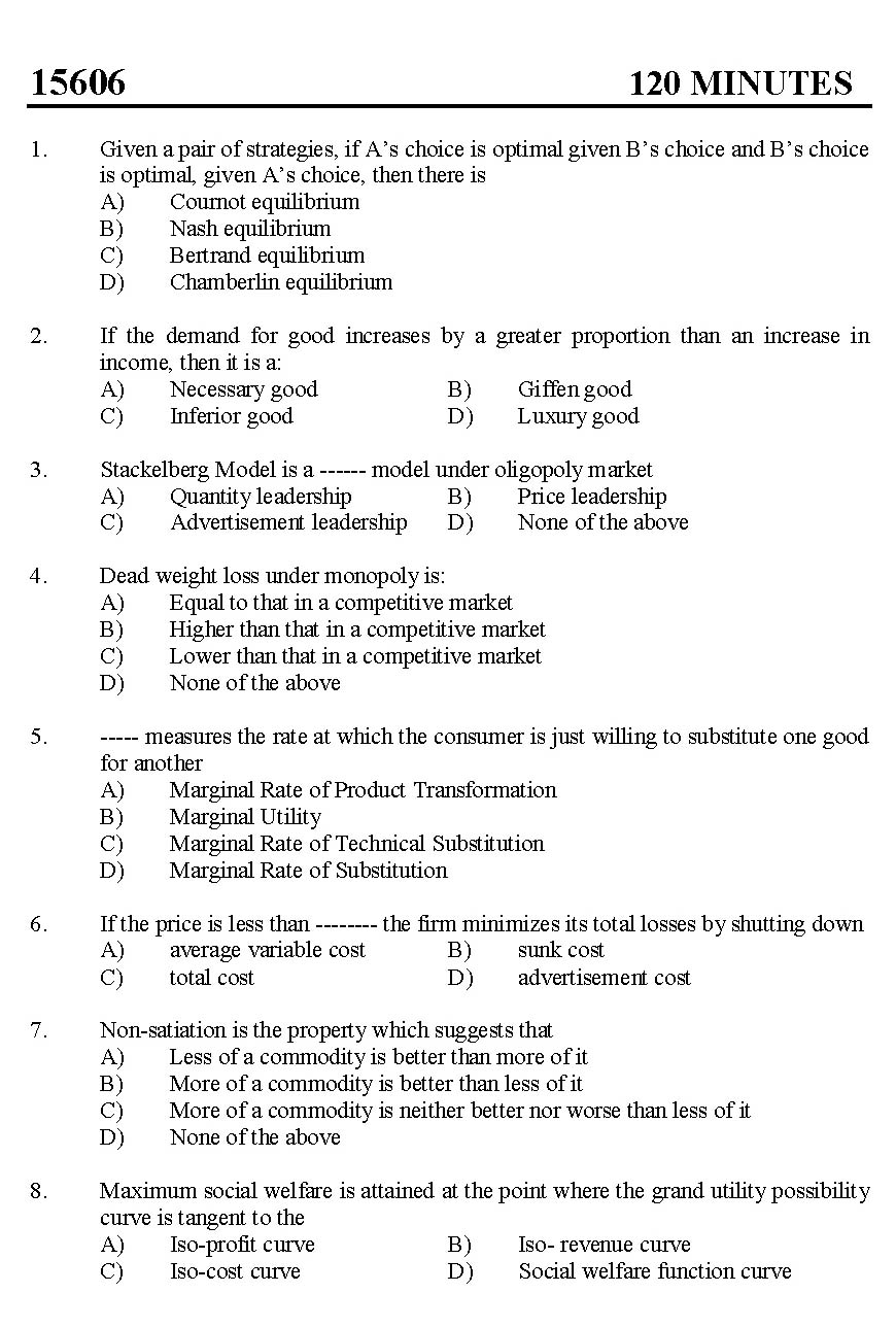 Kerala SET Economics Exam 2015 Question Code 15606 1
