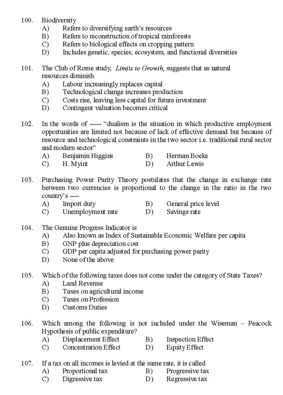 Kerala SET Economics Exam 2015 Question Code 15606 13
