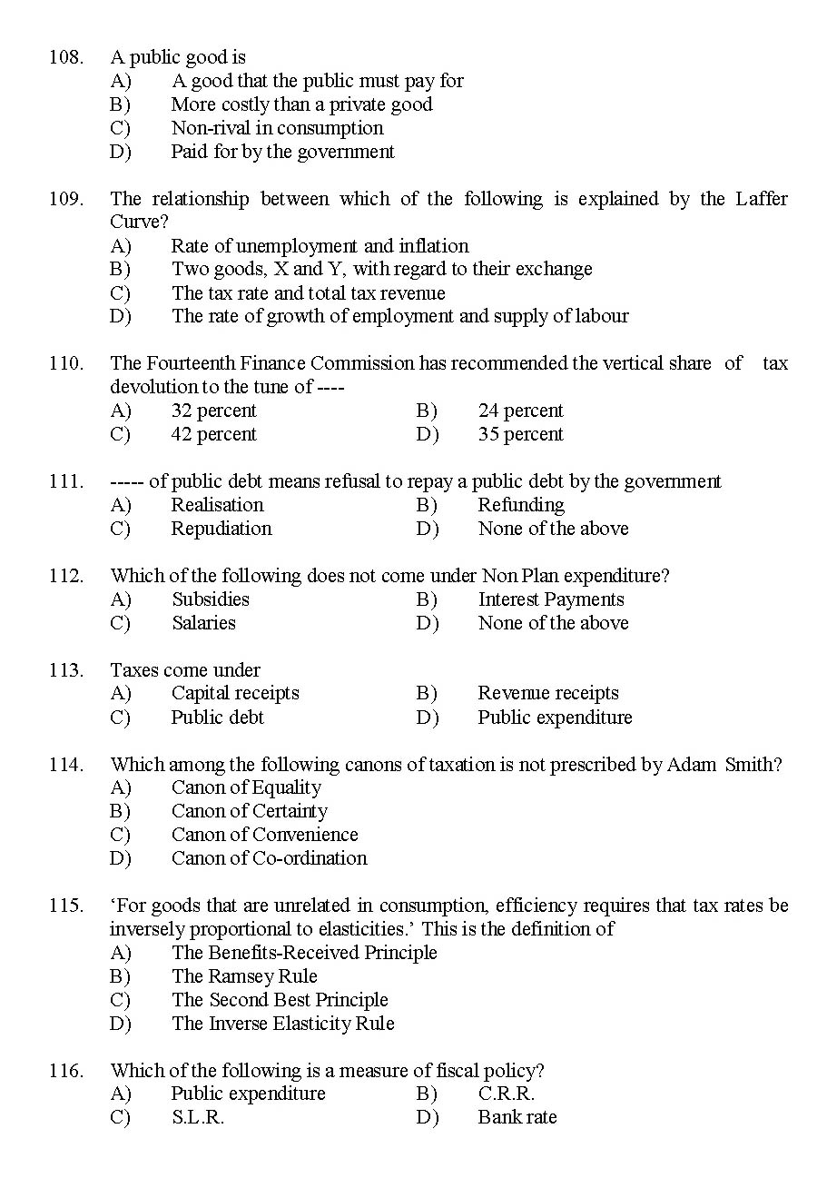 Kerala SET Economics Exam 2015 Question Code 15606 14