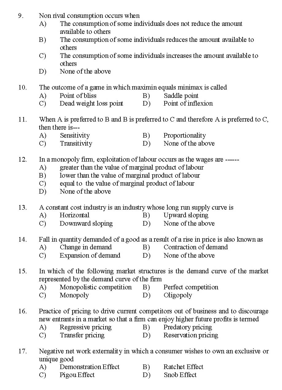 Kerala SET Economics Exam 2015 Question Code 15606 2