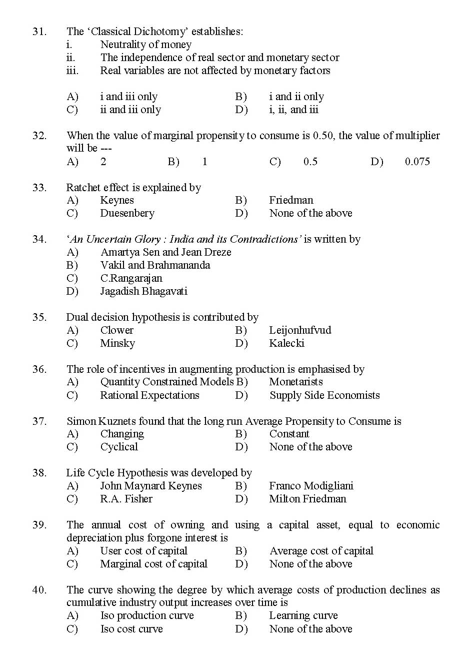 Kerala SET Economics Exam 2015 Question Code 15606 5
