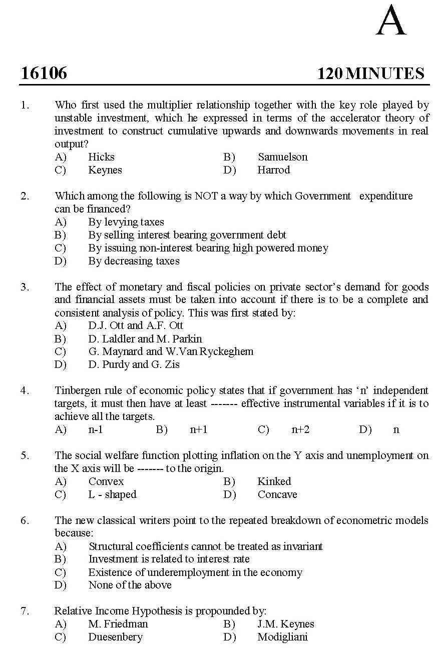 Kerala SET Economics Exam 2016 Question Code 16106 A 1