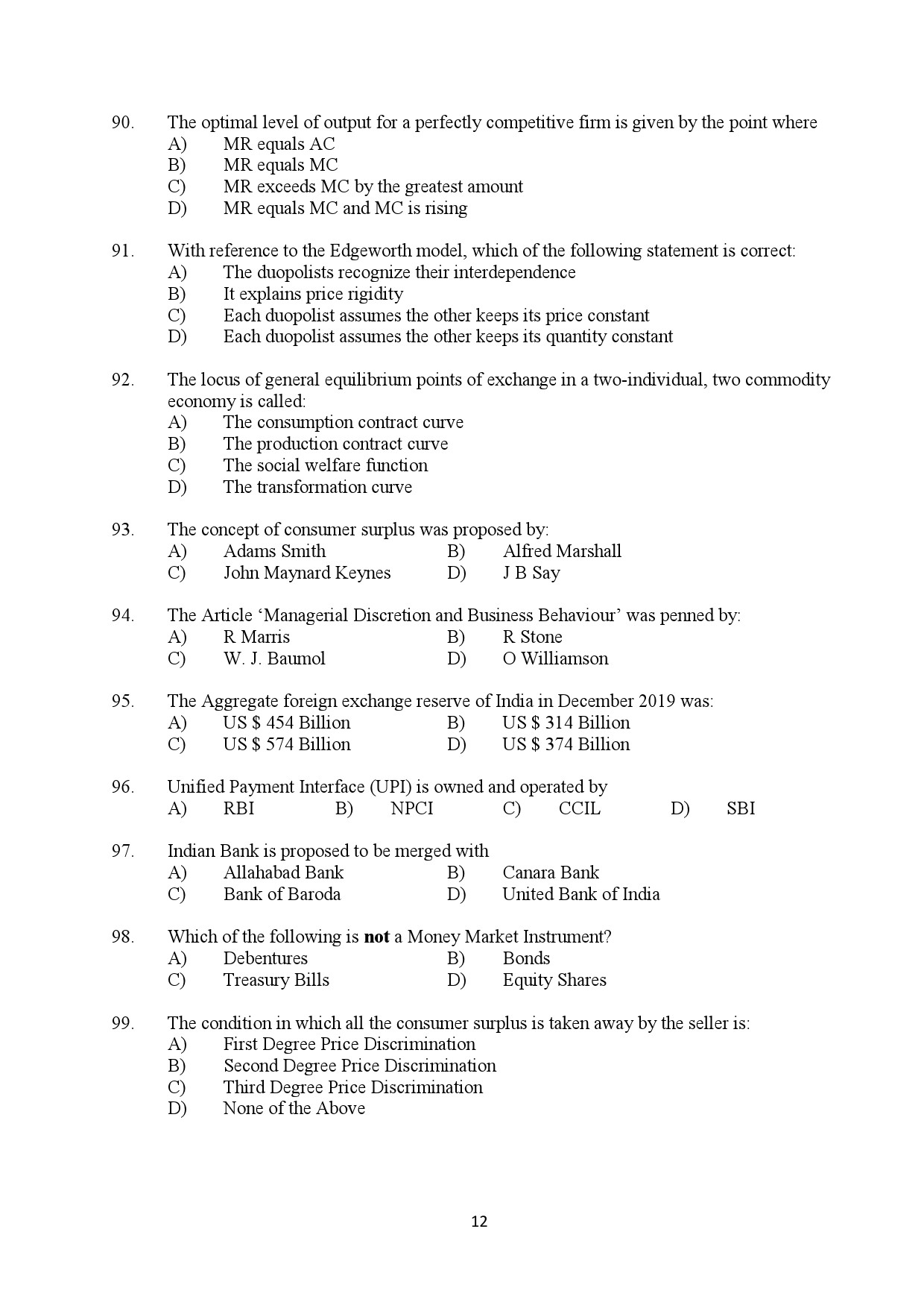 Kerala SET Economics Exam Question Paper February 2020 12