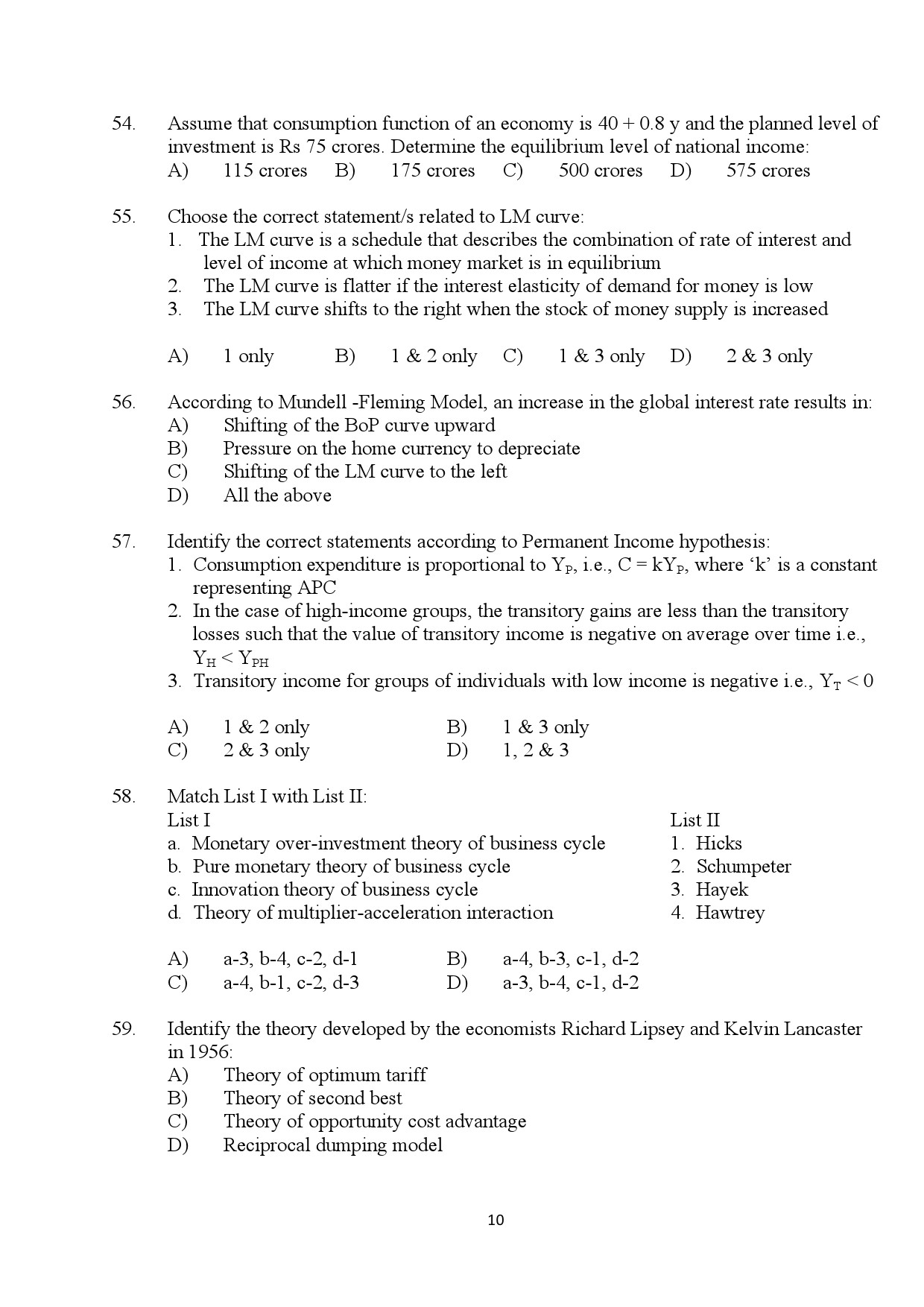 Kerala SET Economics Exam Question Paper January 2024 10