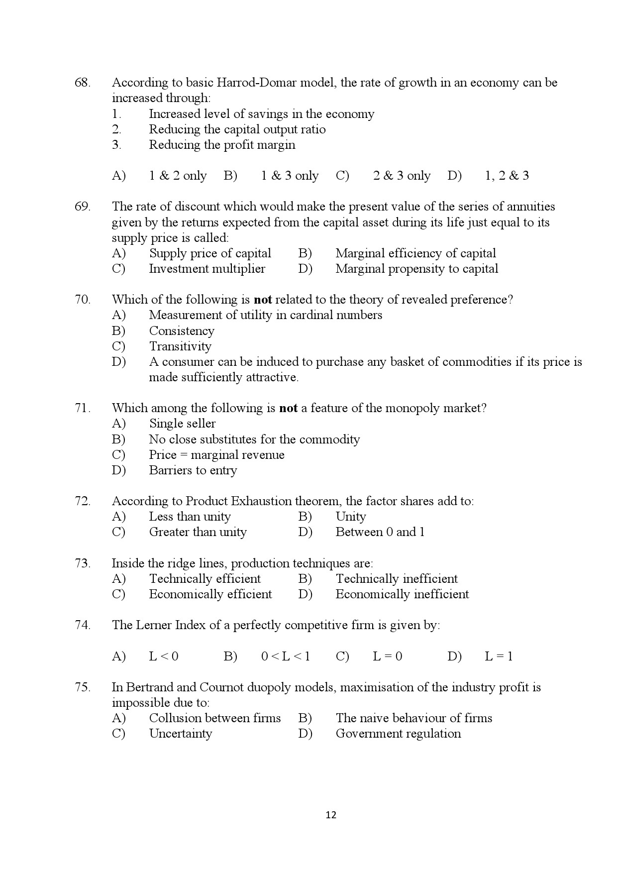 Kerala SET Economics Exam Question Paper January 2024 12