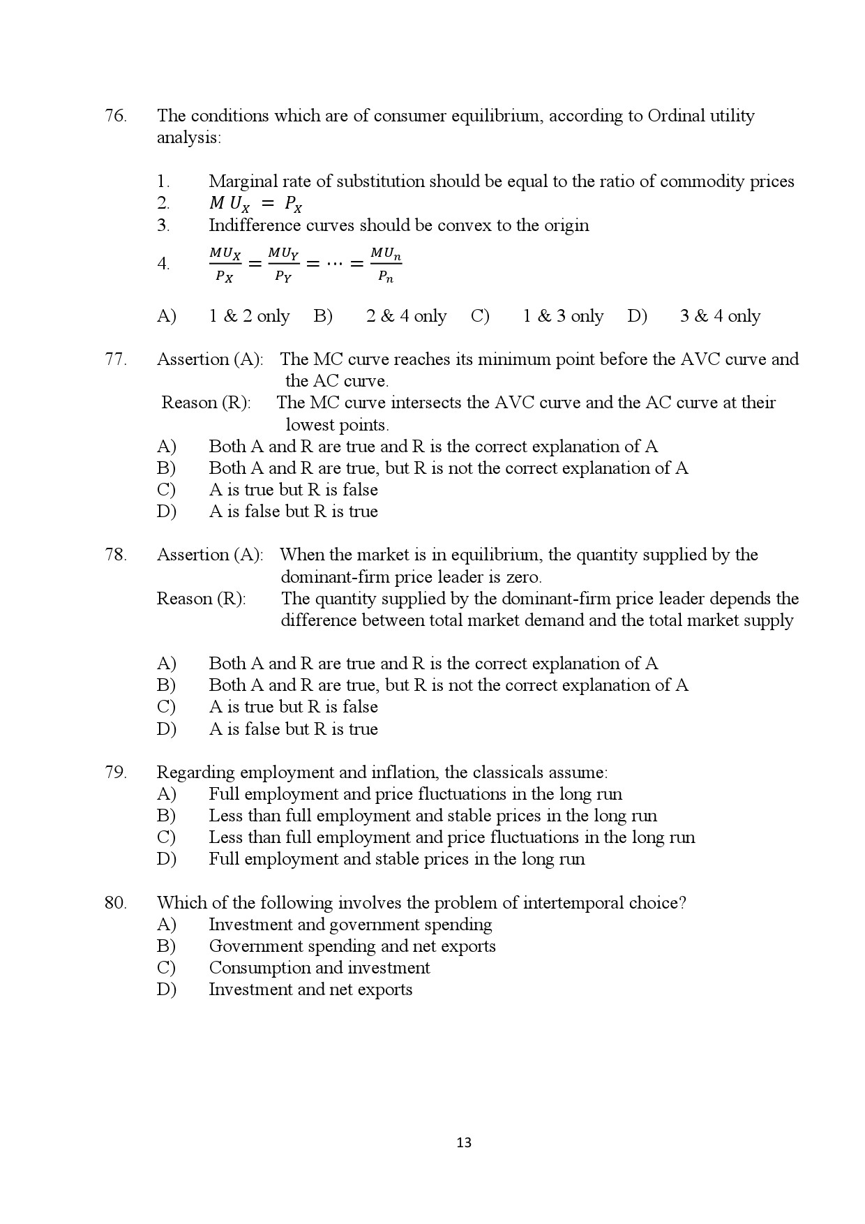 Kerala SET Economics Exam Question Paper January 2024 13