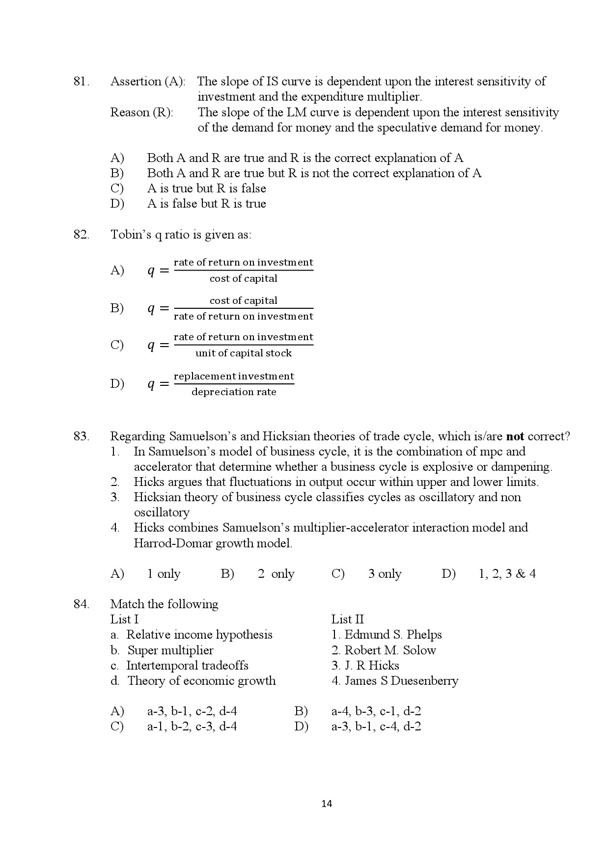 Kerala SET Economics Exam Question Paper January 2024 14