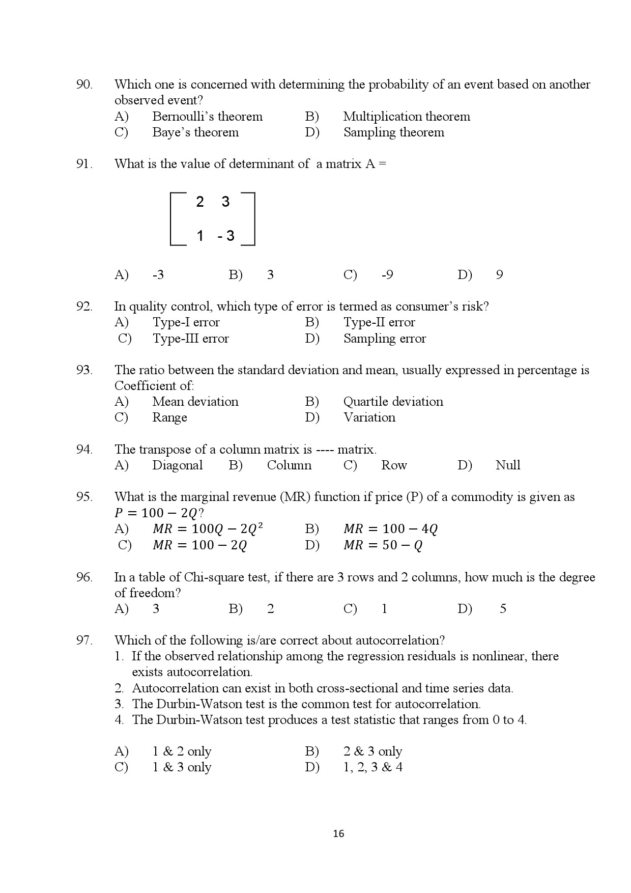 Kerala SET Economics Exam Question Paper January 2024 16