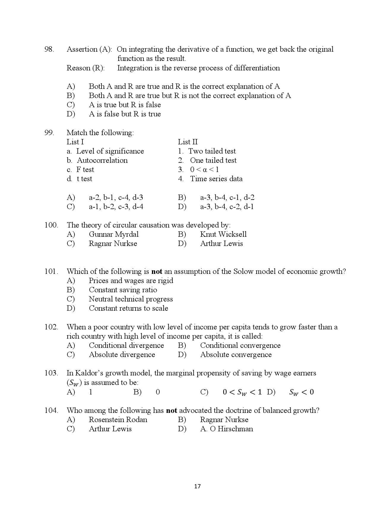 Kerala SET Economics Exam Question Paper January 2024 17