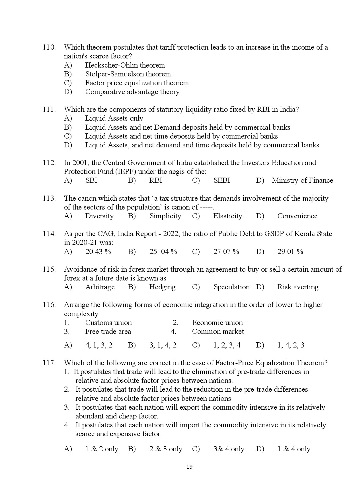 Kerala SET Economics Exam Question Paper January 2024 19