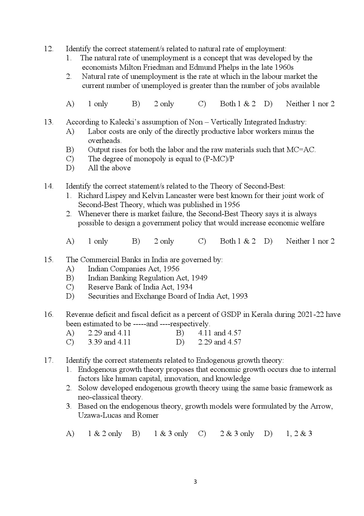 Kerala SET Economics Exam Question Paper January 2024 3