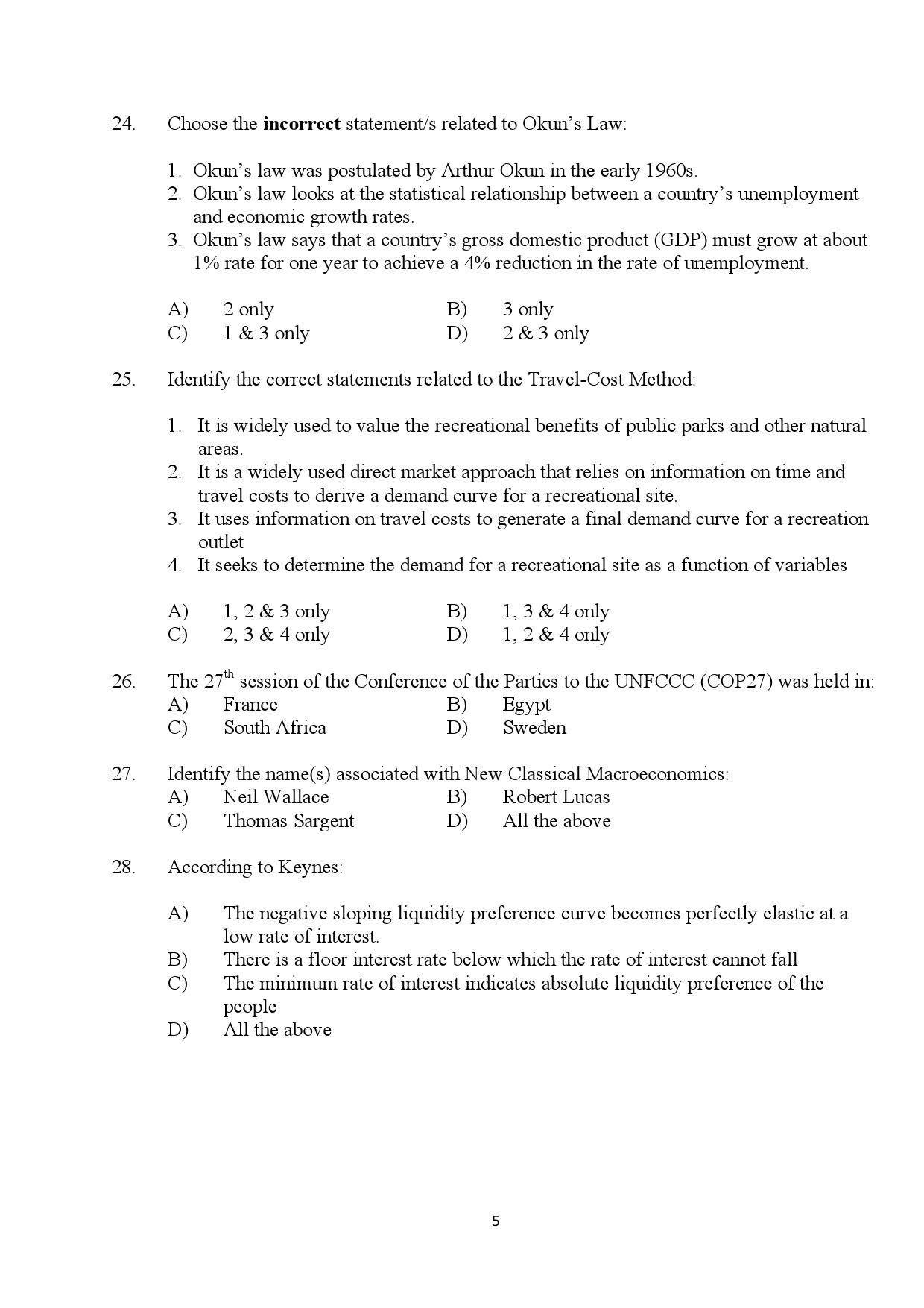 Kerala SET Economics Exam Question Paper January 2024 5