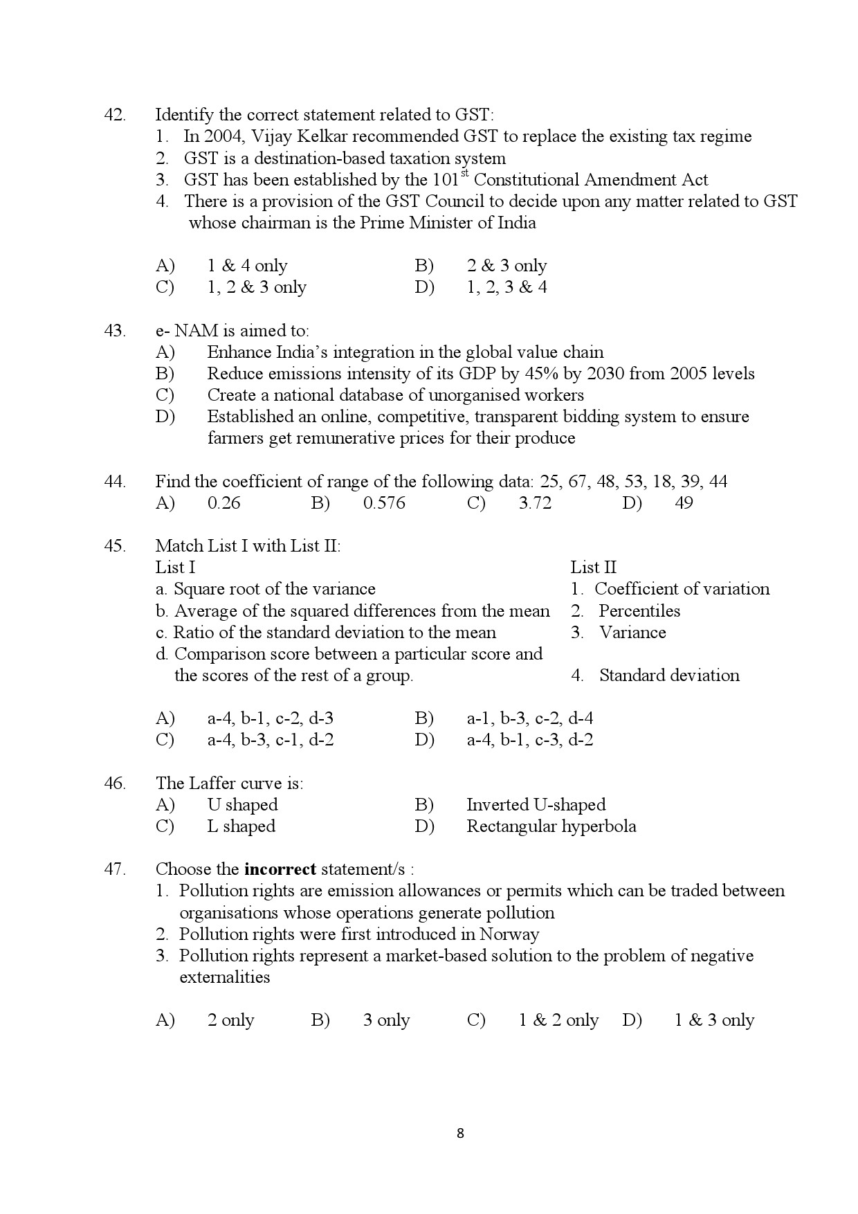 Kerala SET Economics Exam Question Paper January 2024 8