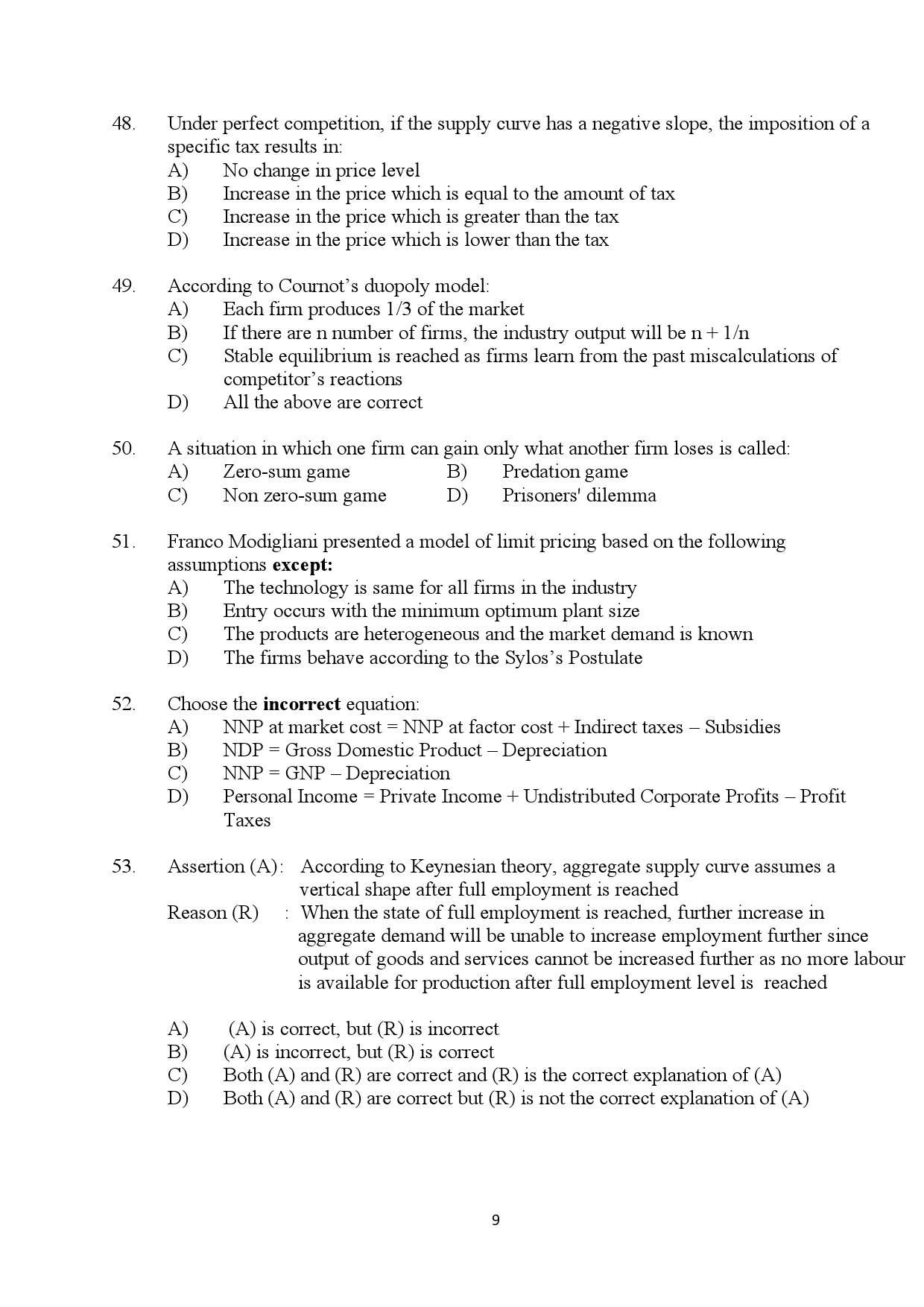 Kerala SET Economics Exam Question Paper January 2024 9