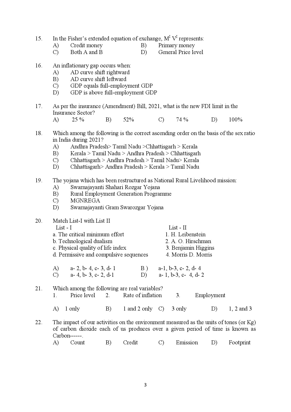 Kerala SET Economics Exam Question Paper July 2022 3