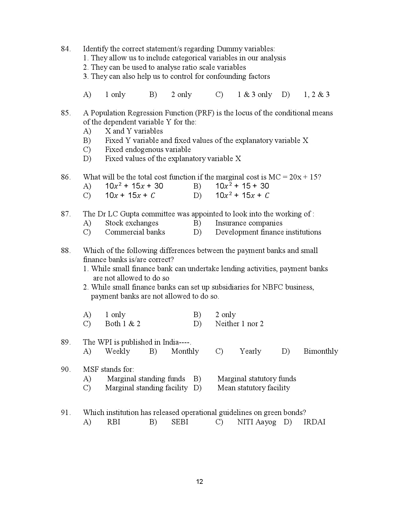 Kerala SET Economics Exam Question Paper July 2023 12