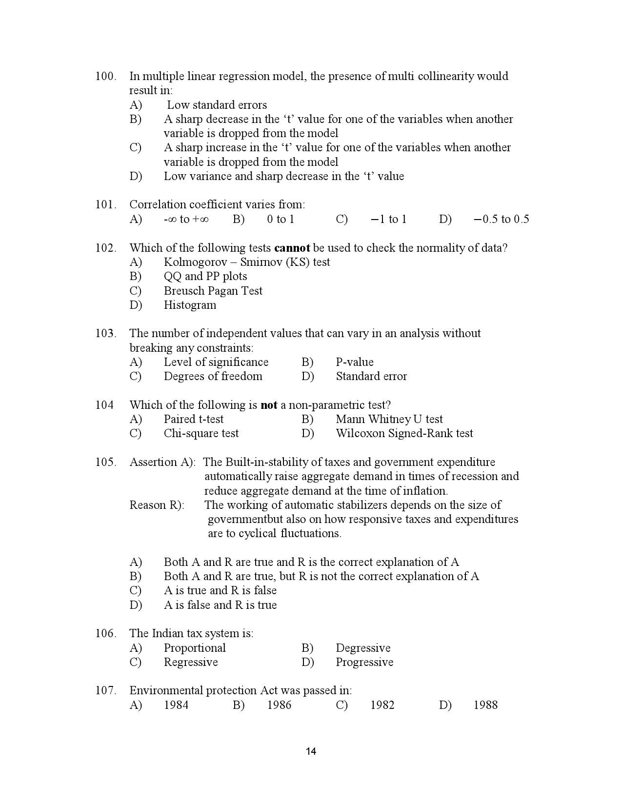 Kerala SET Economics Exam Question Paper July 2023 14