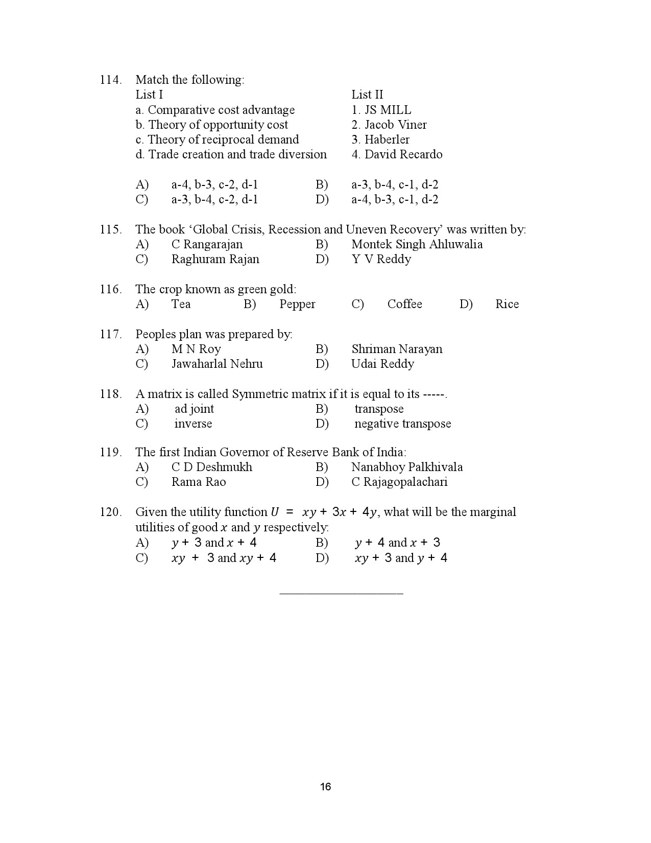 Kerala SET Economics Exam Question Paper July 2023 16