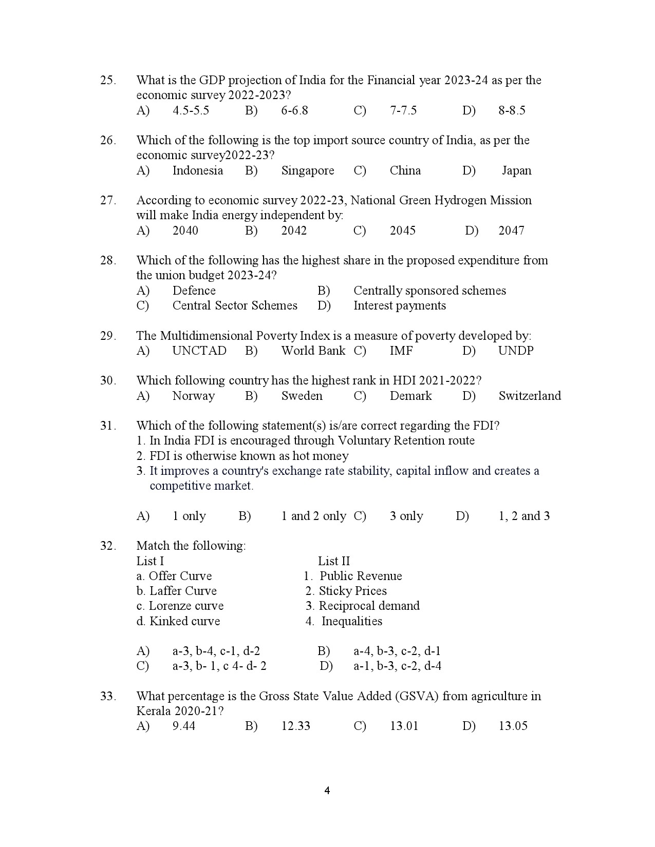 Kerala SET Economics Exam Question Paper July 2023 4