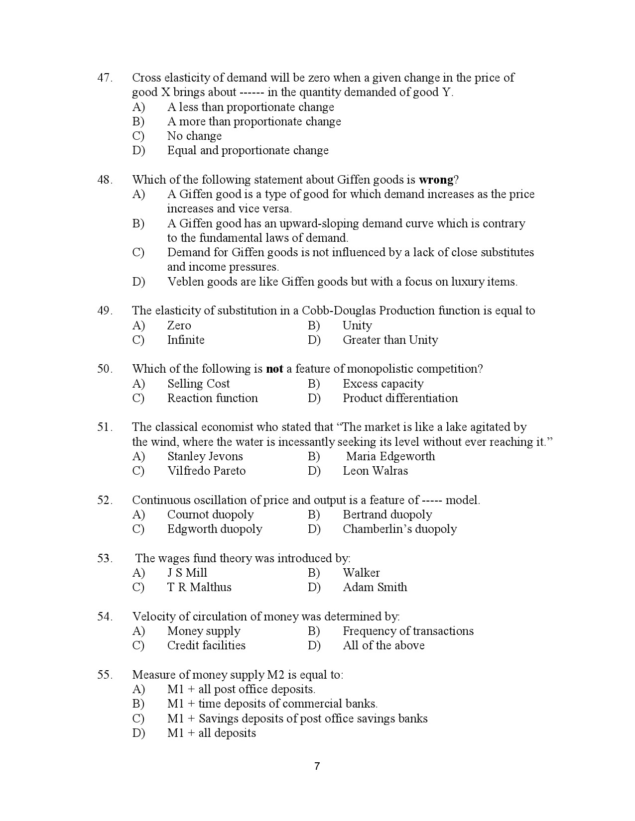 Kerala SET Economics Exam Question Paper July 2023 7