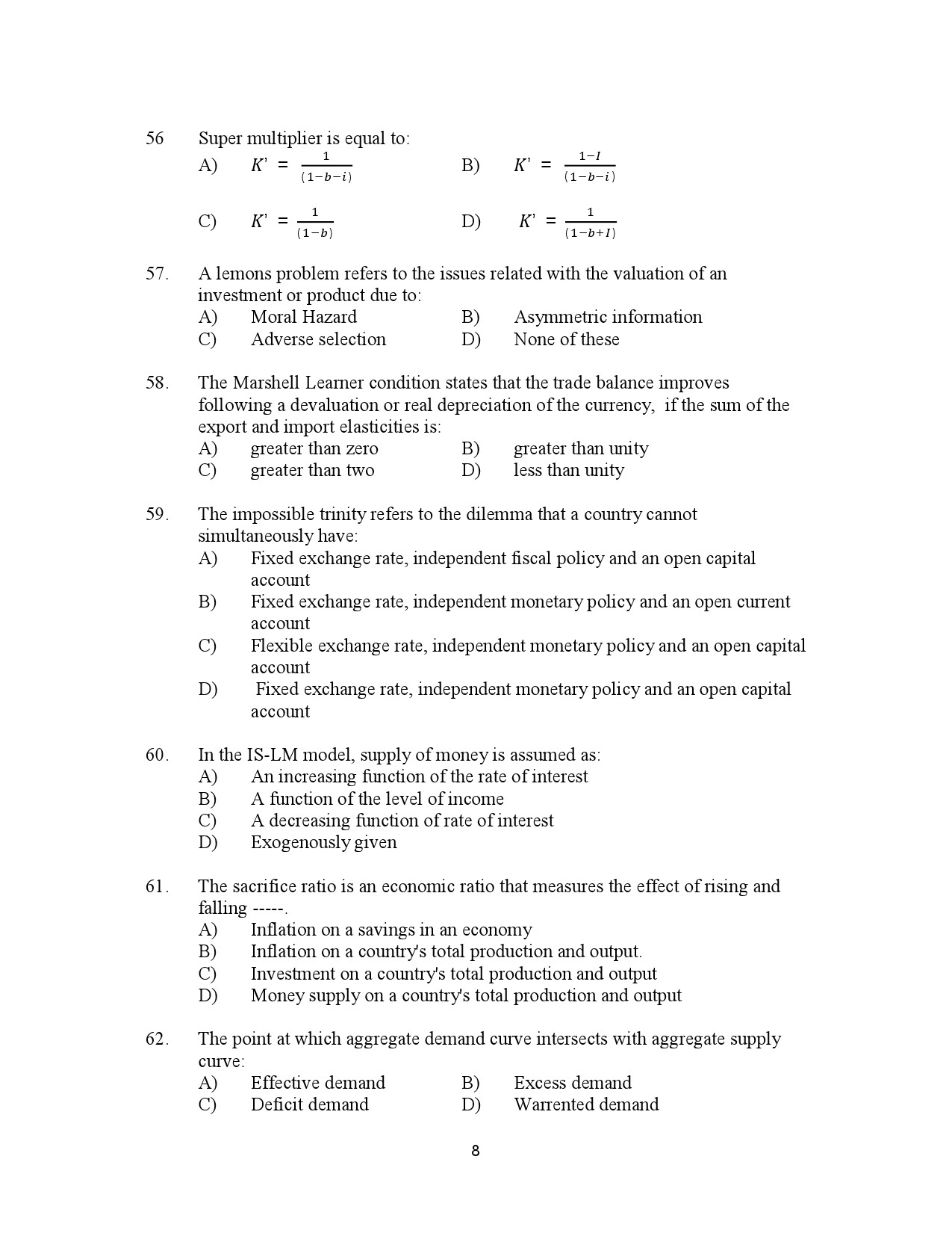 Kerala SET Economics Exam Question Paper July 2023 8