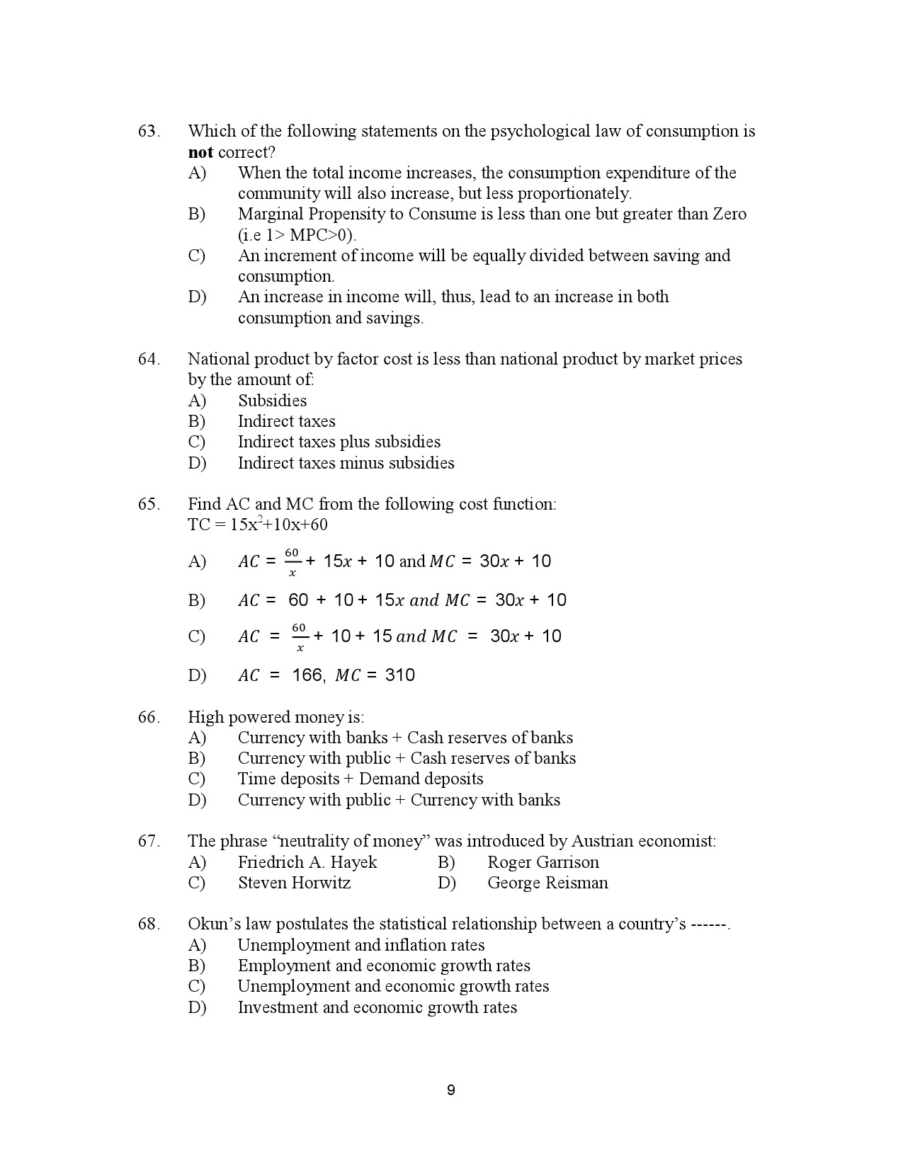 Kerala SET Economics Exam Question Paper July 2023 9