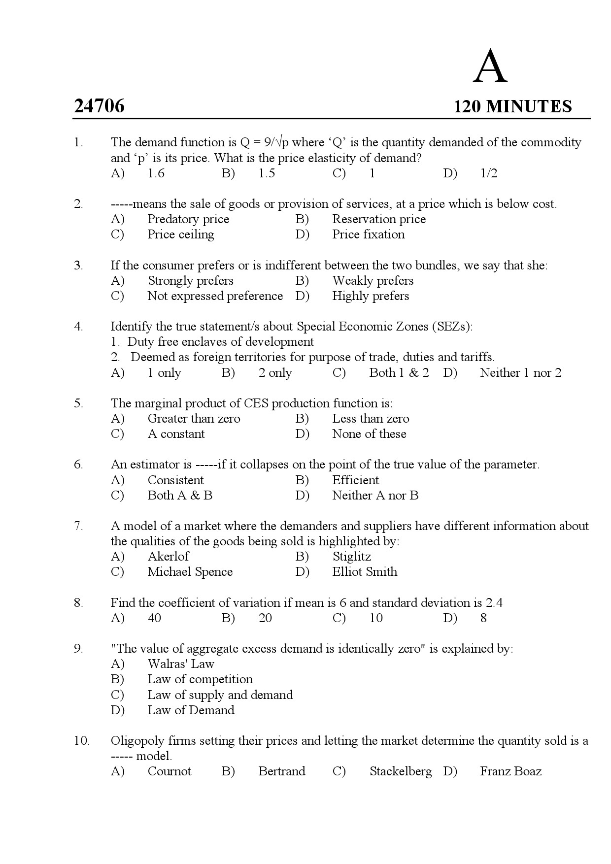 Kerala SET Economics Exam Question Paper July 2024 1