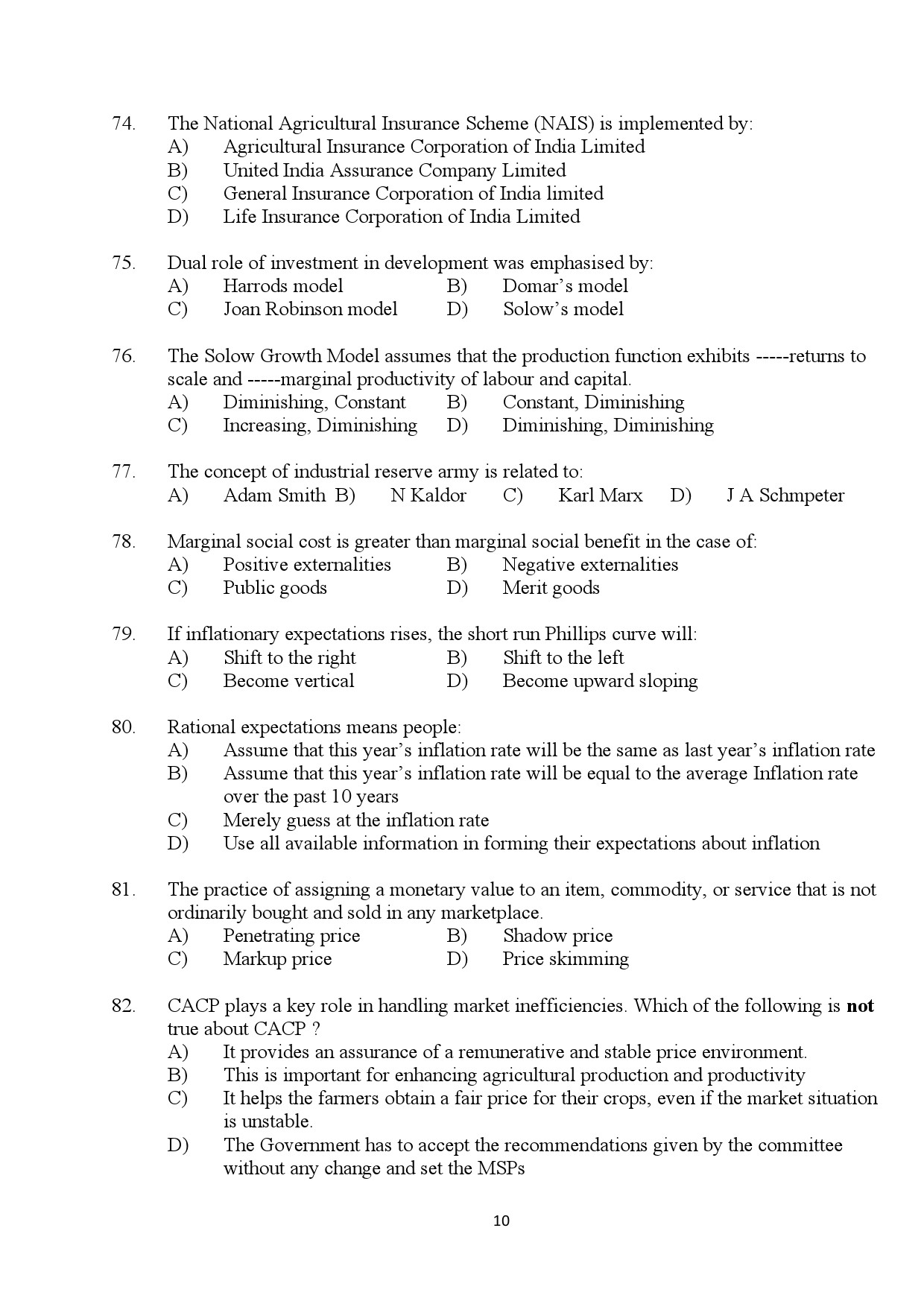 Kerala SET Economics Exam Question Paper July 2024 10