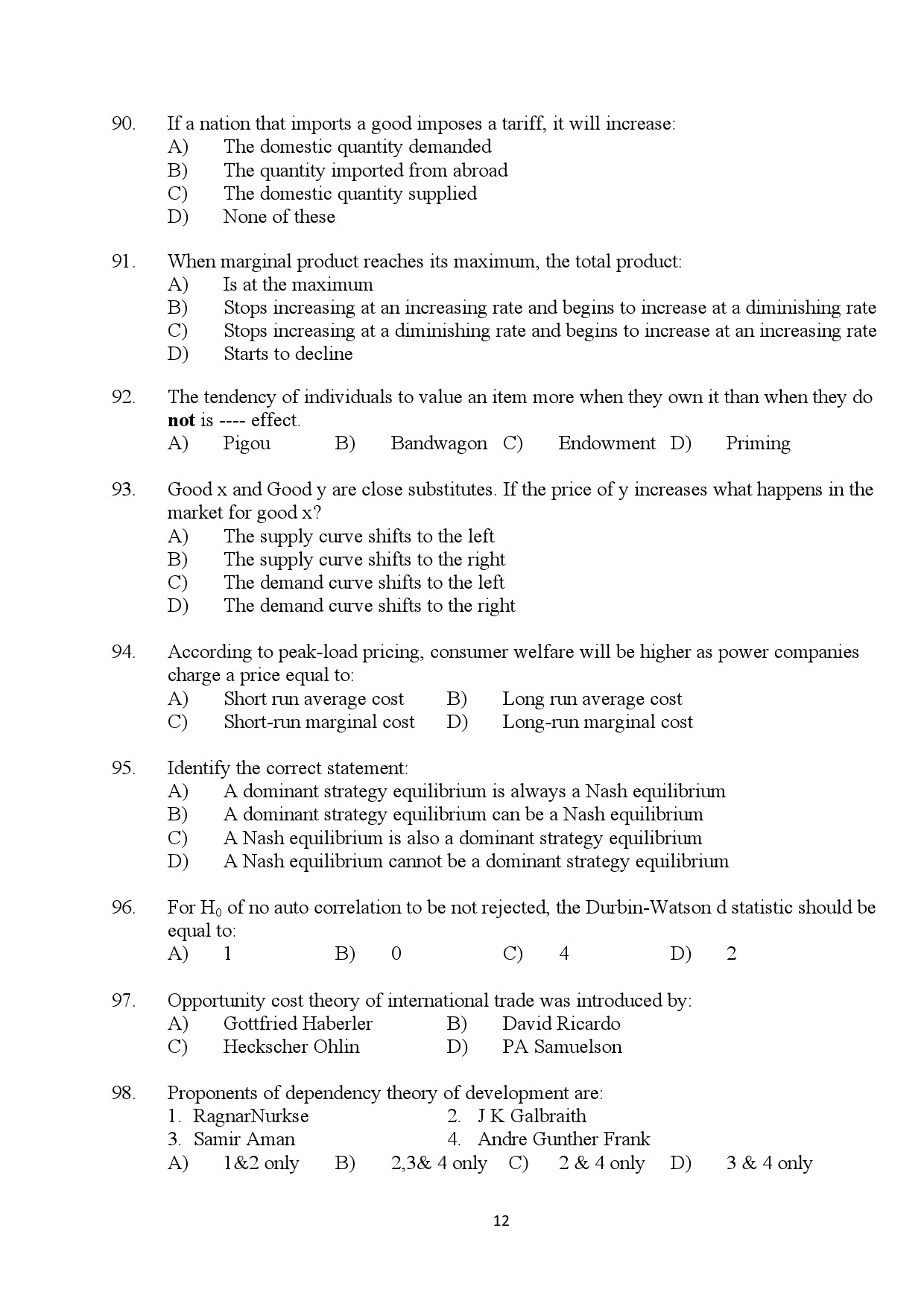 Kerala SET Economics Exam Question Paper July 2024 12