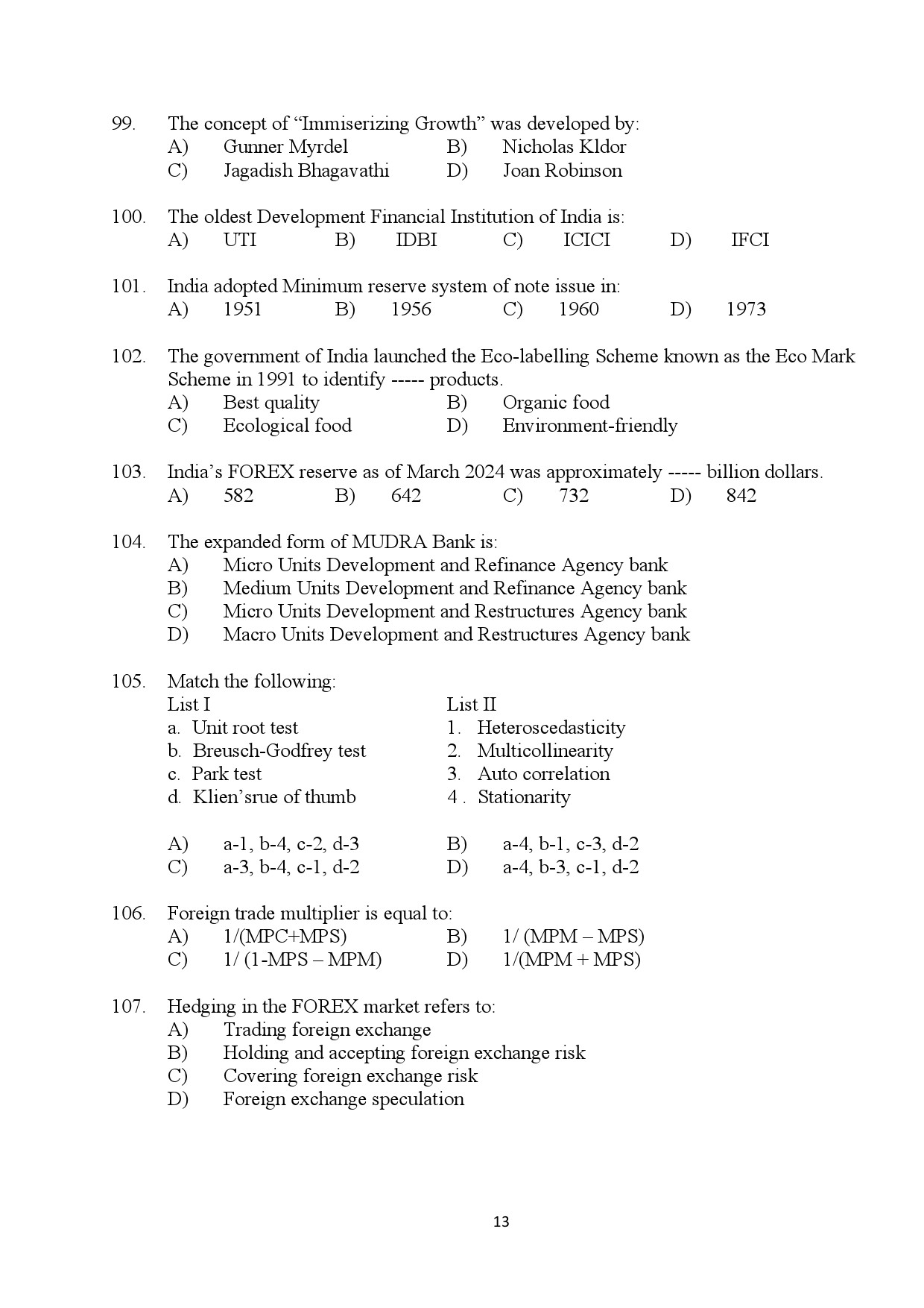 Kerala SET Economics Exam Question Paper July 2024 13