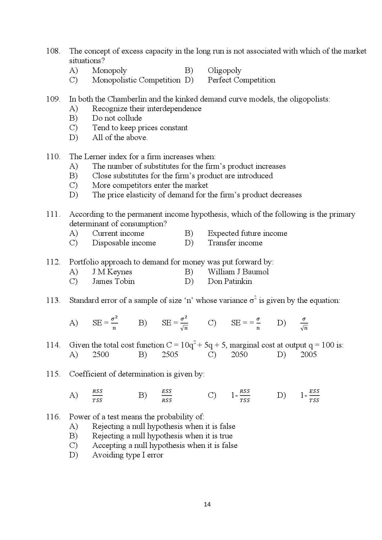 Kerala SET Economics Exam Question Paper July 2024 14