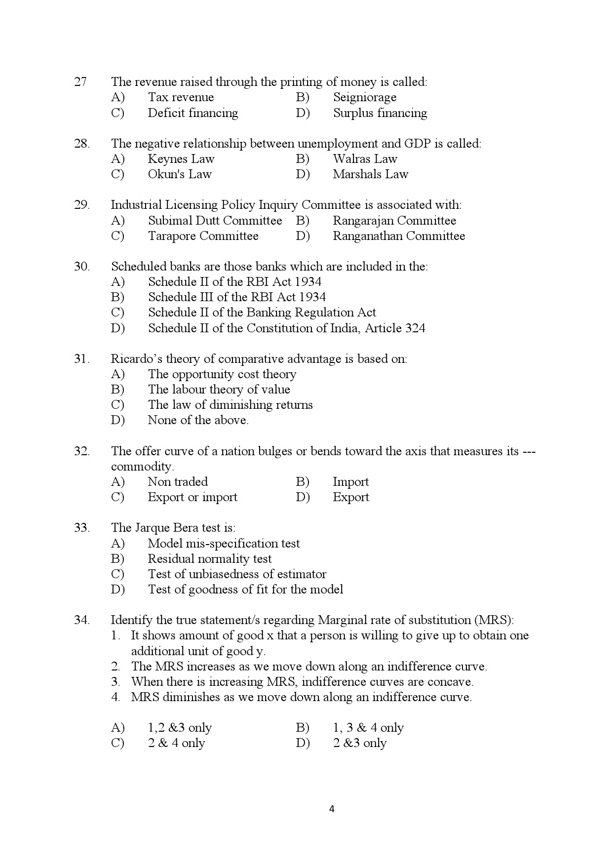 Kerala SET Economics Exam Question Paper July 2024 4