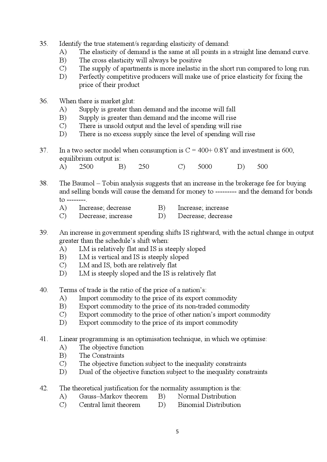 Kerala SET Economics Exam Question Paper July 2024 5