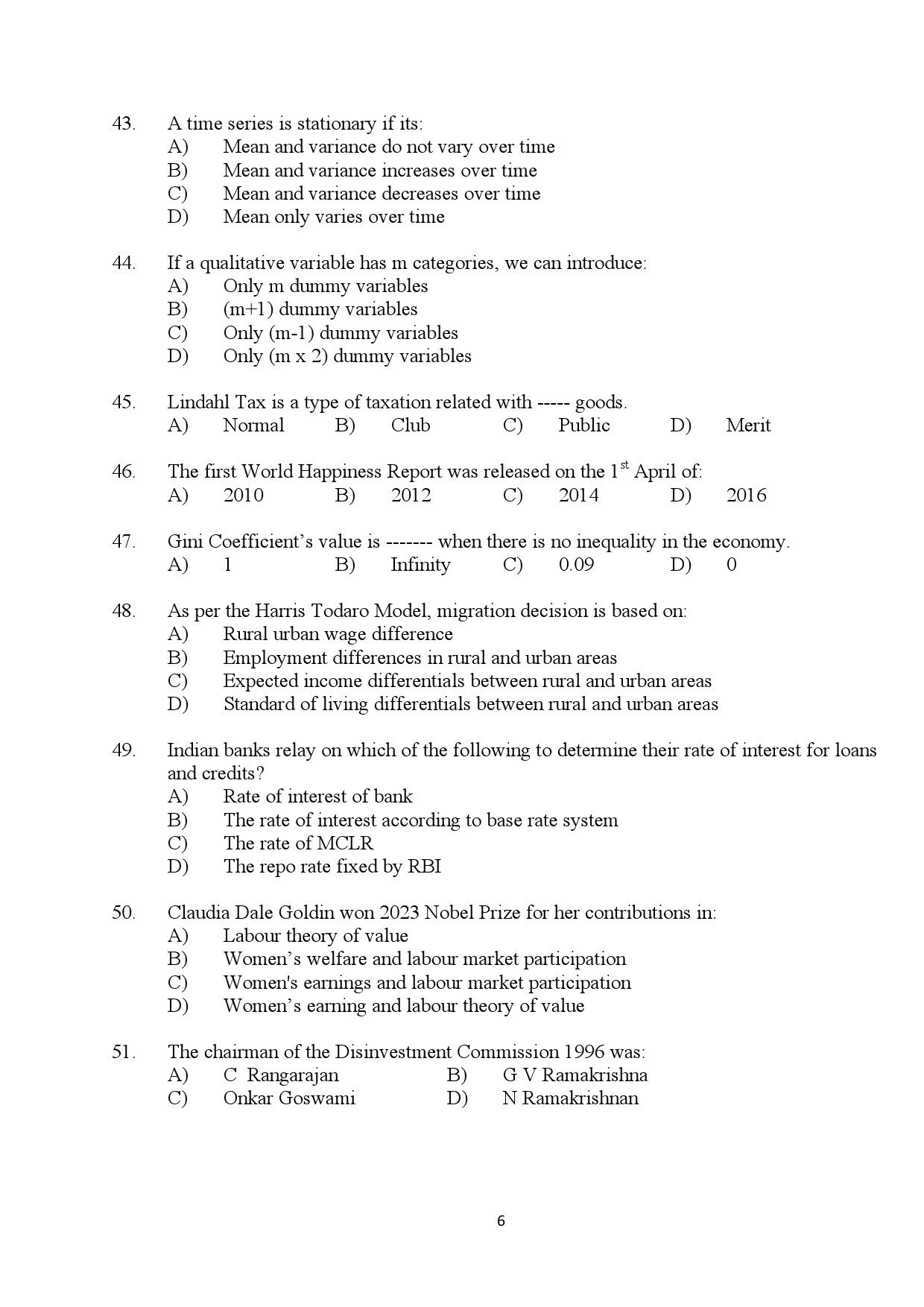 Kerala SET Economics Exam Question Paper July 2024 6