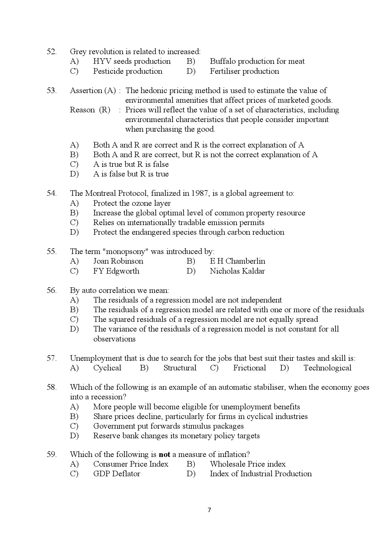 Kerala SET Economics Exam Question Paper July 2024 7