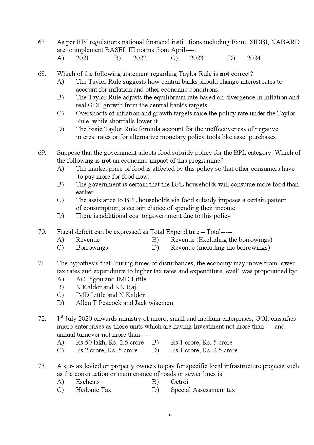 Kerala SET Economics Exam Question Paper July 2024 9