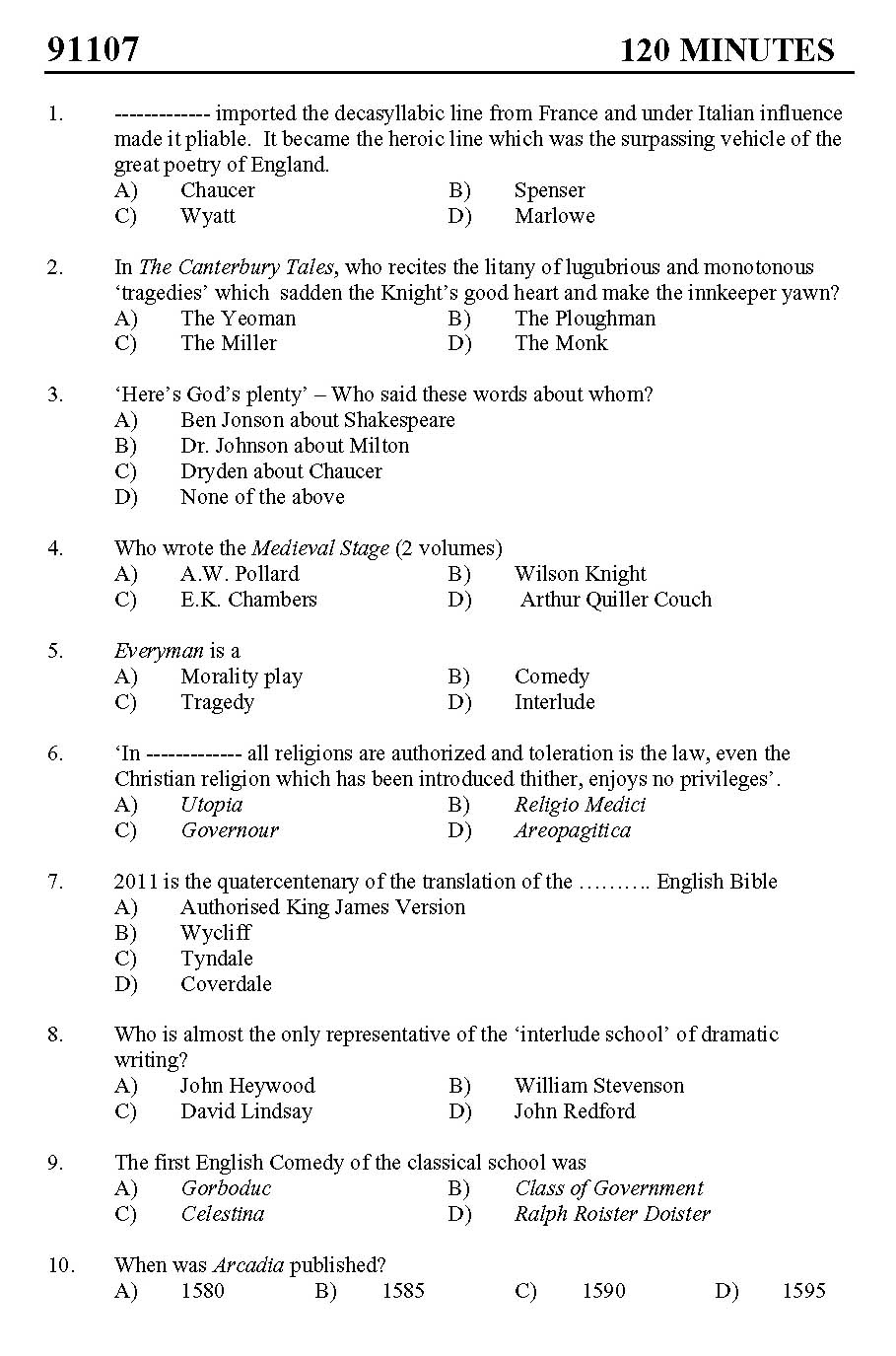 Kerala SET English Exam 2011 Question Code 91107 1