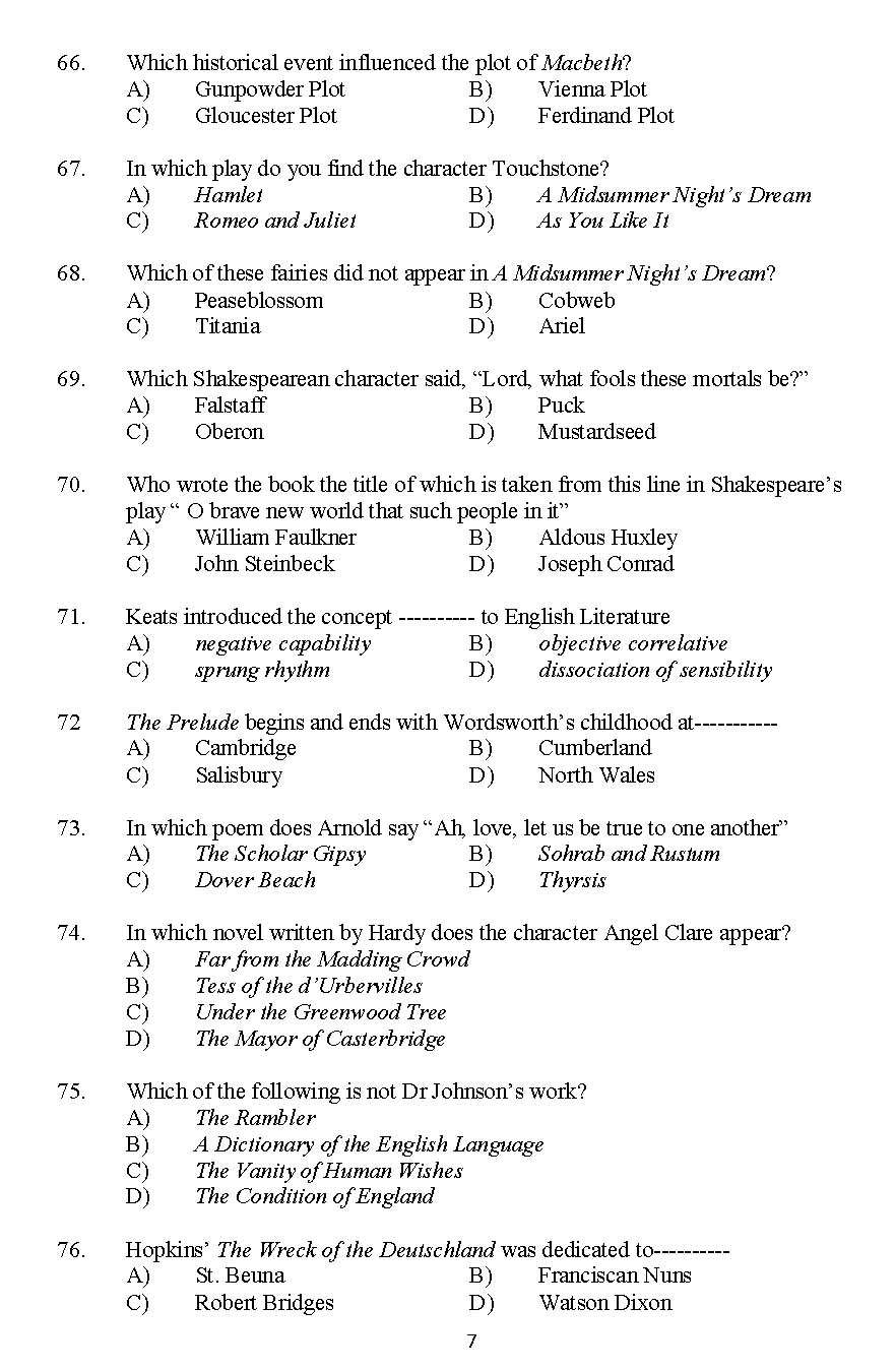 Kerala SET English Exam 2015 Question Code 15607 7