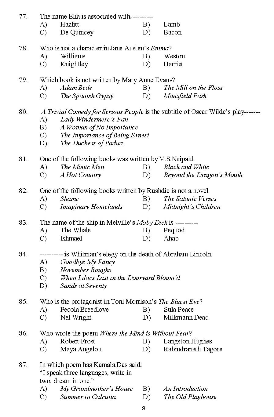 Kerala SET English Exam 2015 Question Code 15607 8