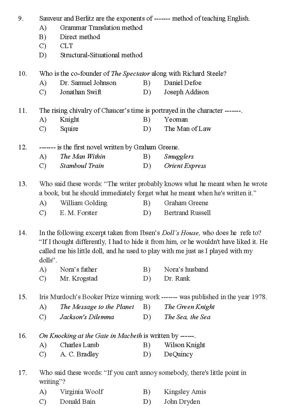 Kerala SET English Exam 2016 Question Code 16107 A 2