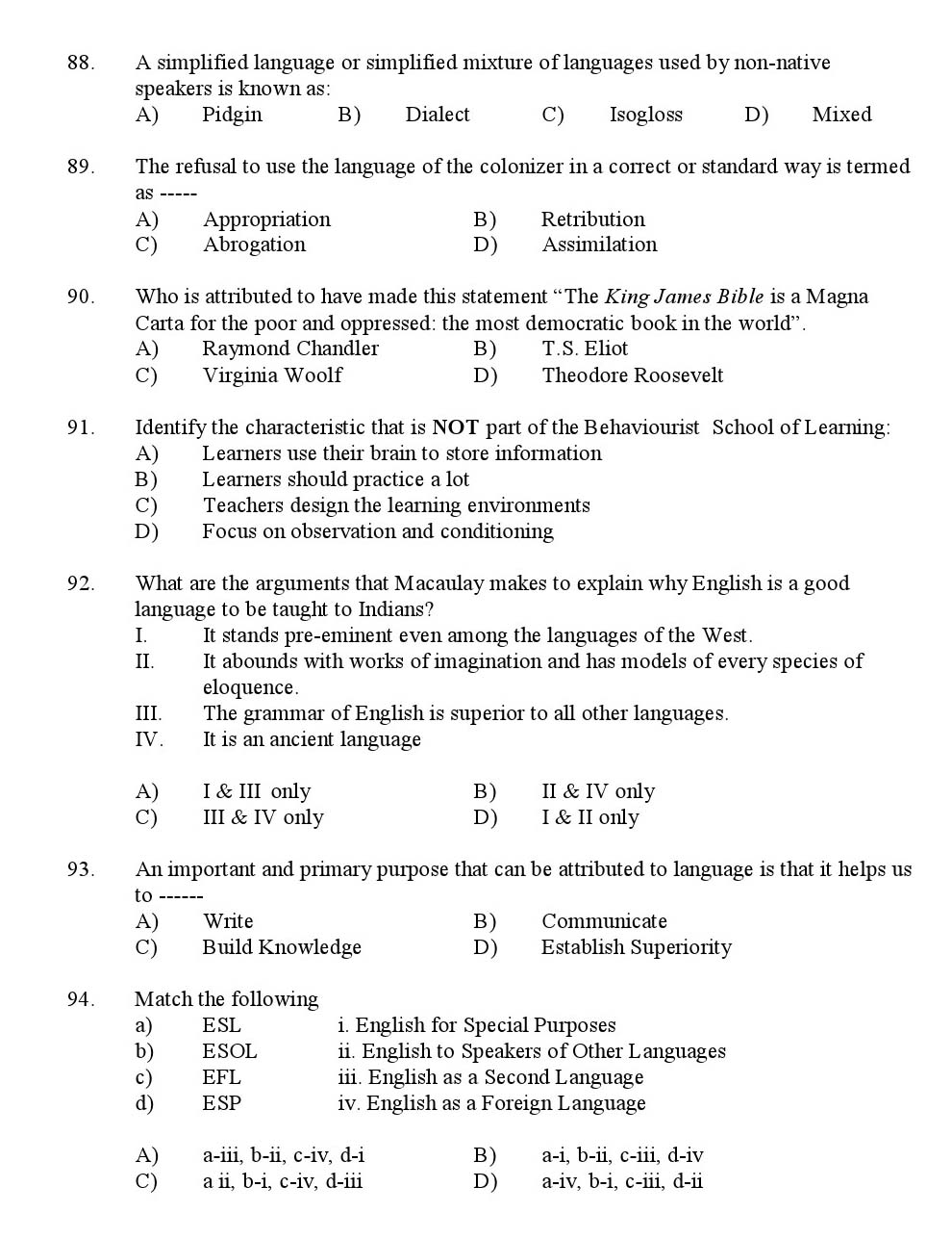 Kerala SET English Exam 2016 Question Code 16607 A 11
