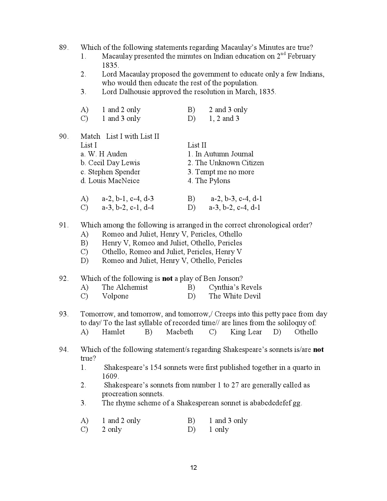 Kerala SET English Exam Question Paper January 2023 12