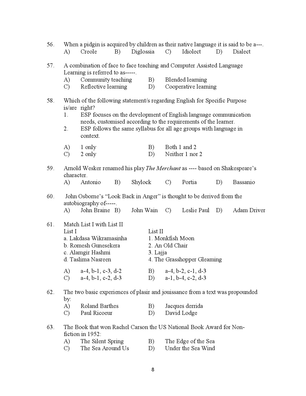 Kerala SET English Exam Question Paper January 2023 8