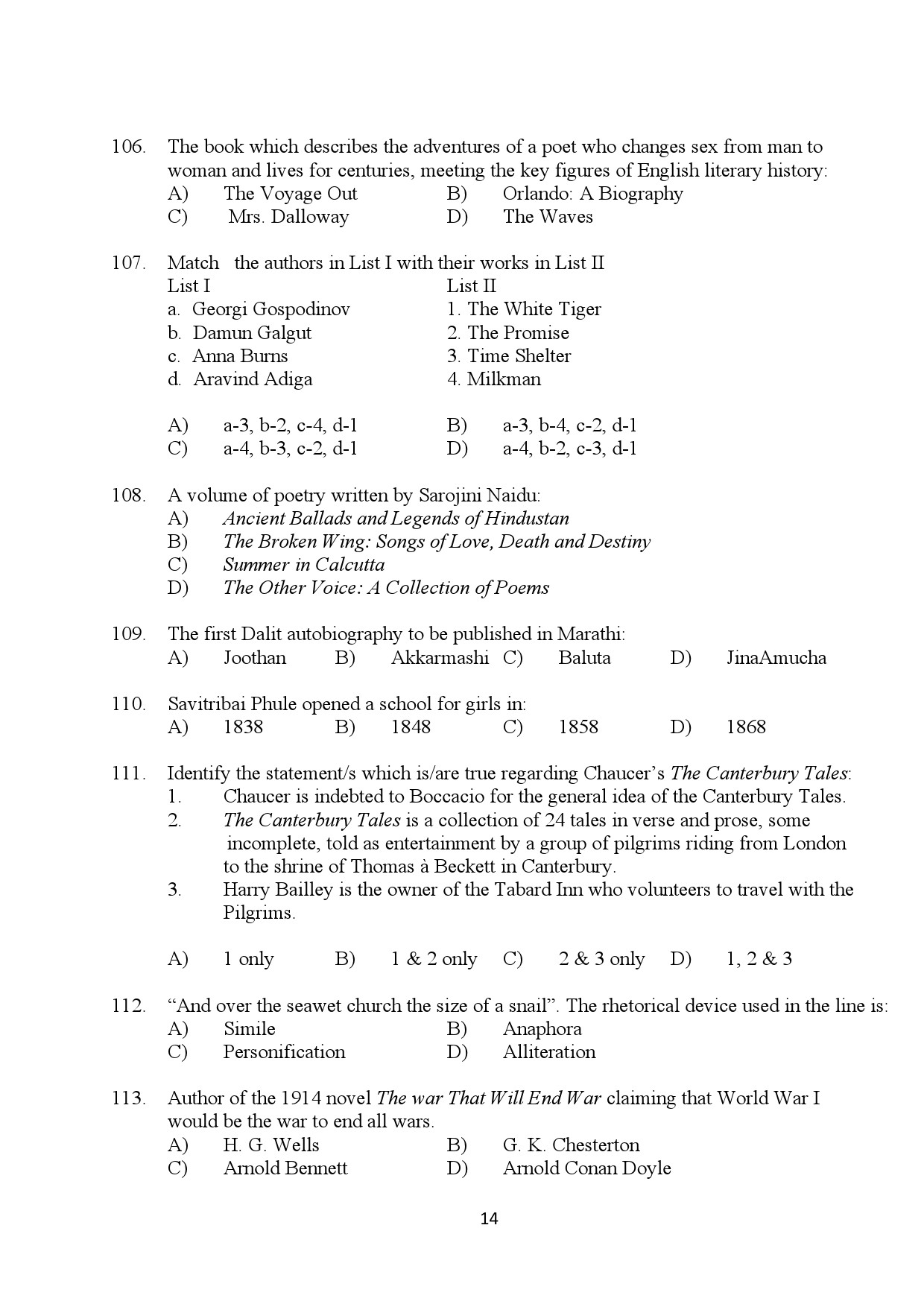 Kerala SET English Exam Question Paper January 2024 14