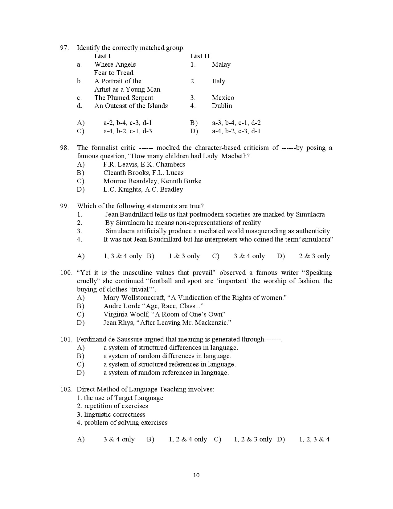 Kerala SET English Exam Question Paper July 2021 10